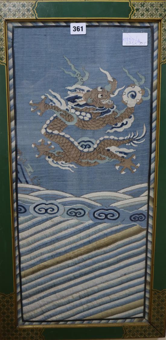 A Chinese kossu silk dragon panel, 68 x 30cm